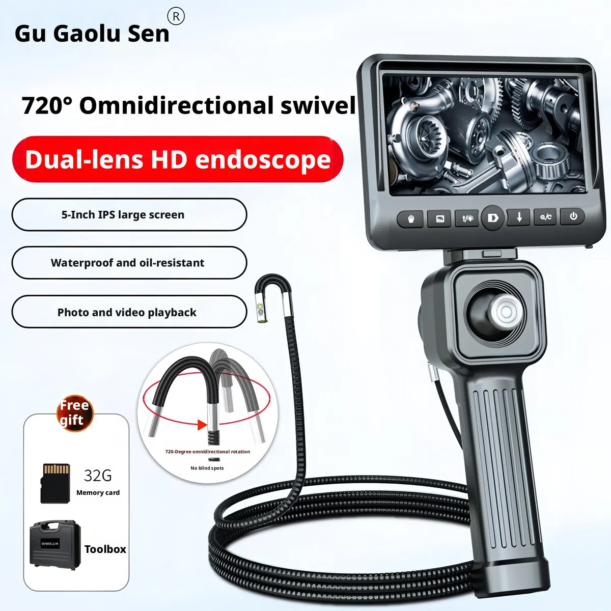 Caméra d'inspection GL-500A Endoscope 6,5 mm 1 m double objectif 1080P