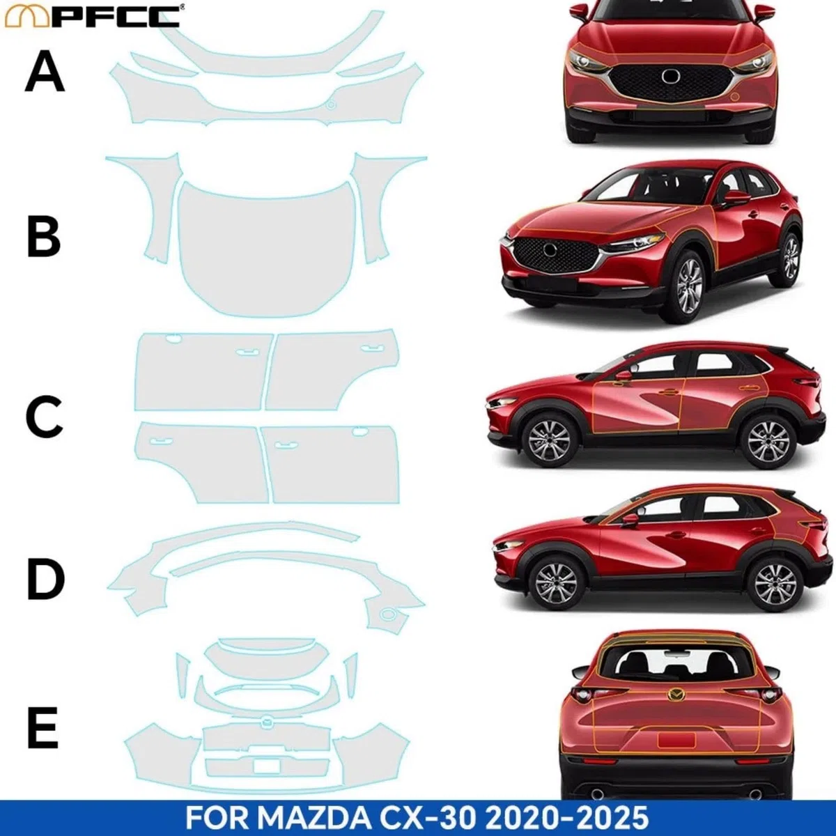Film de protection de peinture PPF en TPU pour Mazda CX-30 2020-2025 - Ajustement personnalisé - Revêtement transparent - Résistant aux rayures et auto-cicatrisant - Accessoires de finition