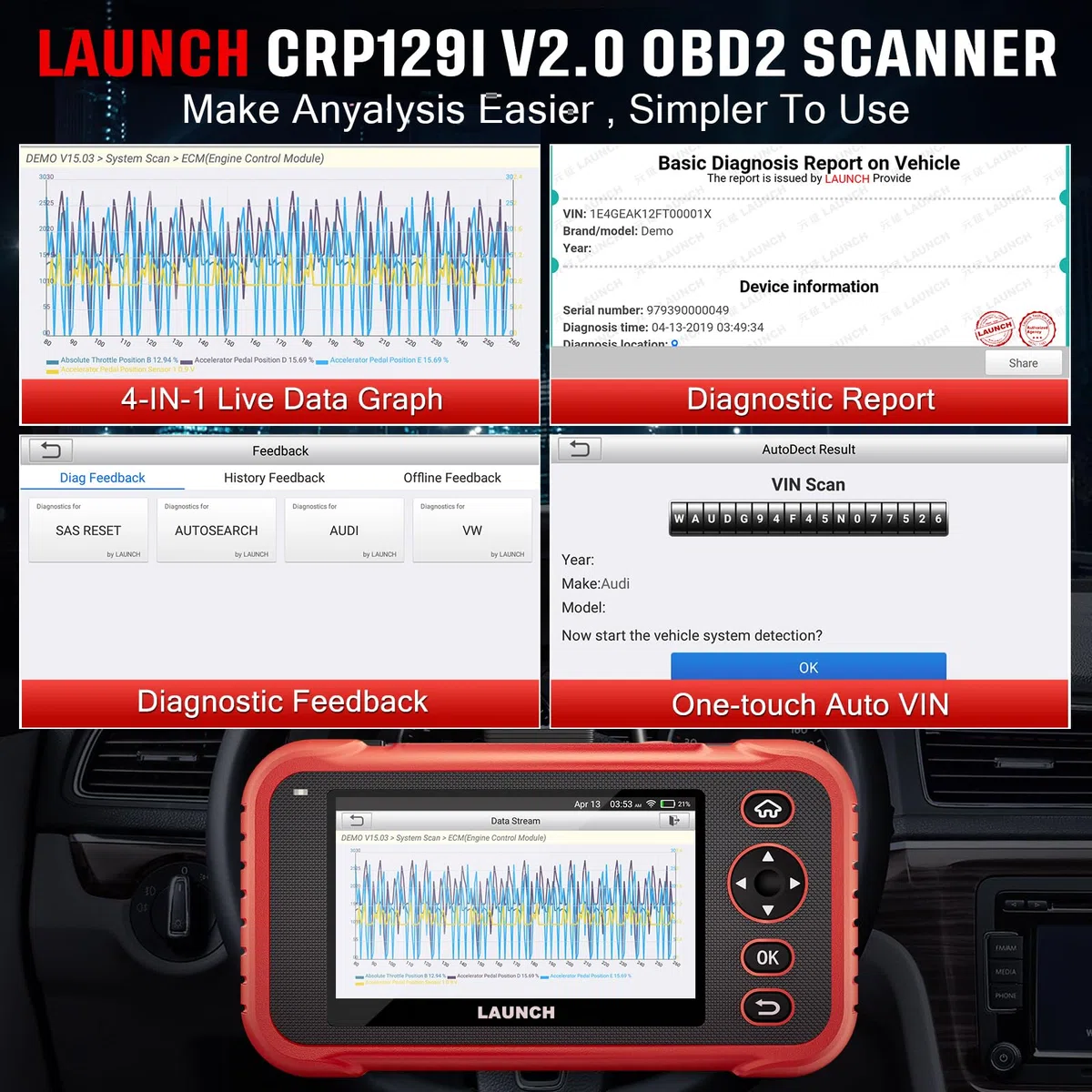 Launch CRP129I Elite OBD2 Scanner, Moteur/ABS/SRS/Lecteur de Code de