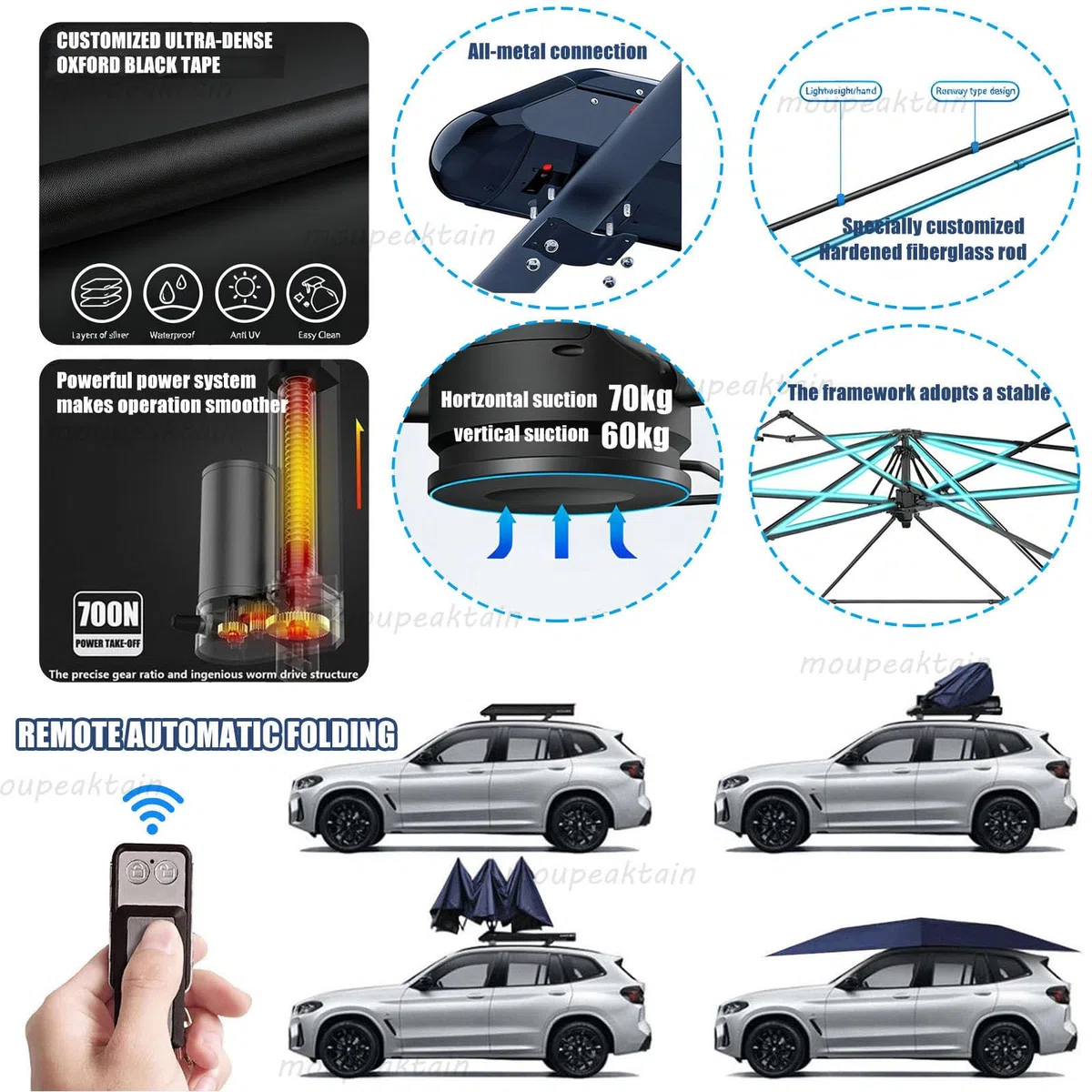 Parapluie De Voiture Automatique – Housse Et Tente De Voiture Entièrement Automatiques, Abri Solaire De 3,8 X 2,8 M avec Télécommande, Barres De Toit Et Batterie Amovible Grey