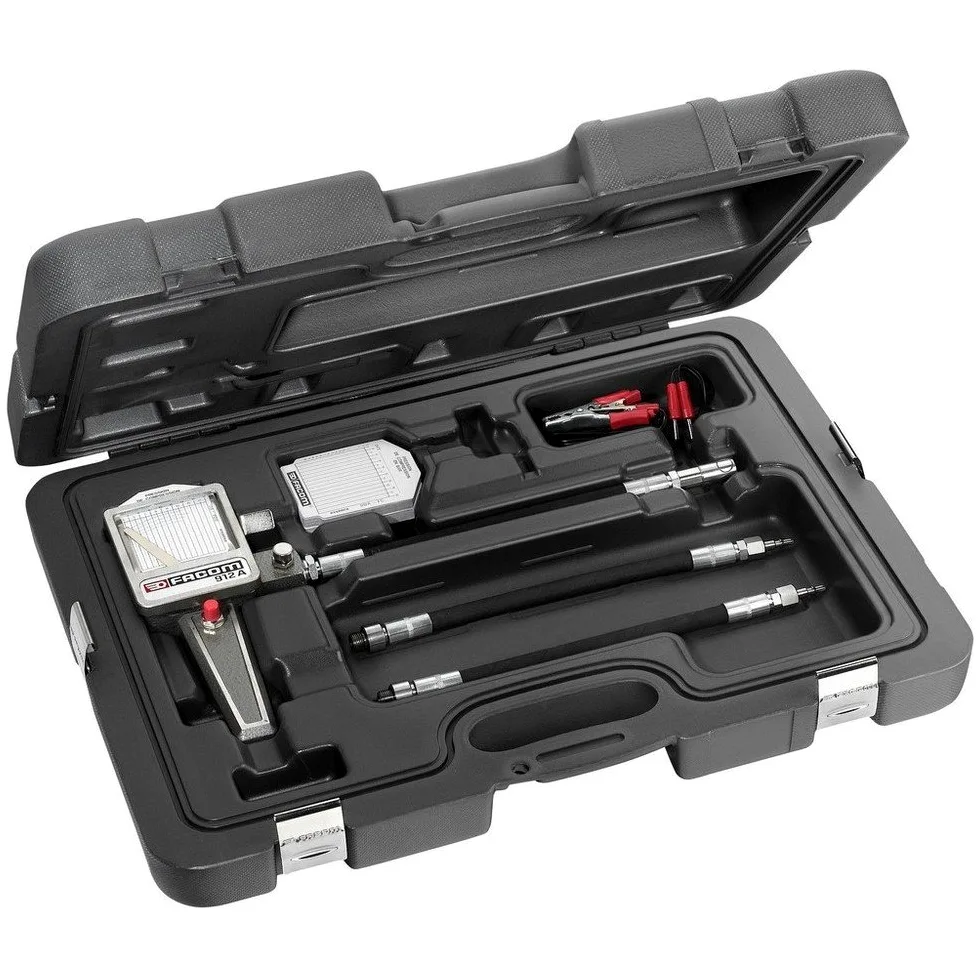 FACOM - Compressiomètre pour Moteur Essence - 912 - 2 Raccords Flexibles, 1 Compressiomètre Essence Nu, 2 Fausses Bougies Essence 12 et 14 mm, 1 Sachet de 100 Fiches Essence et 1 Câble de Démarrage