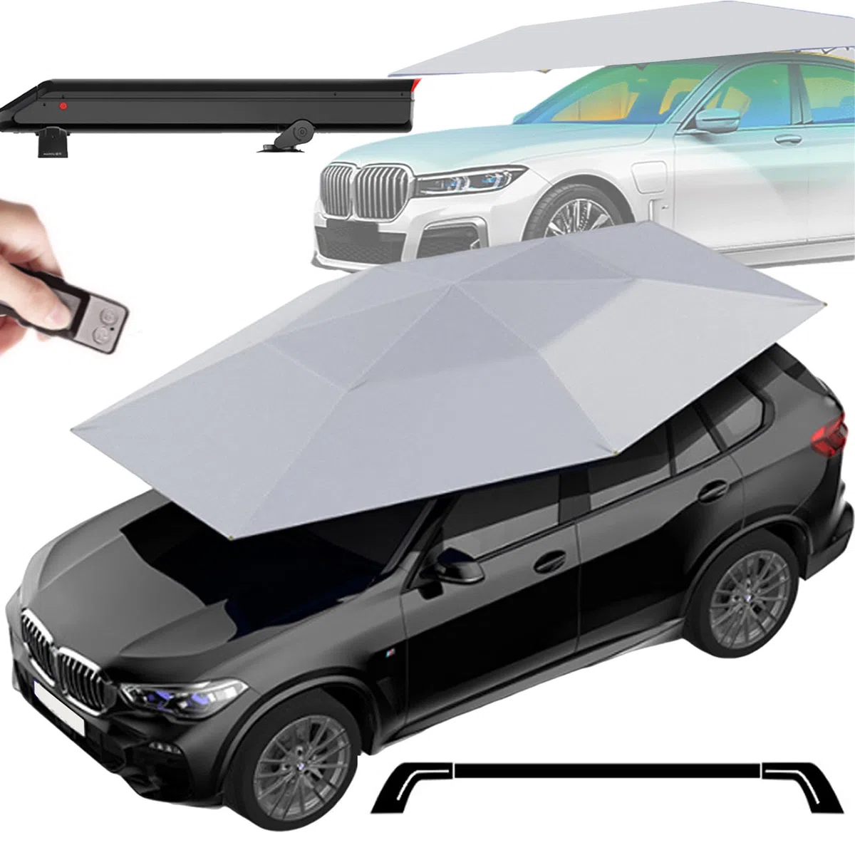 Tente De Toit De Voiture - Tente De Voiture EntièRement Automatique De 380 X 270 Cm avec Batterie De 5 000 Mah/TéLéCommande/Barre à Bagages, Pare-Soleil Auvent pour VéHicule,Grey