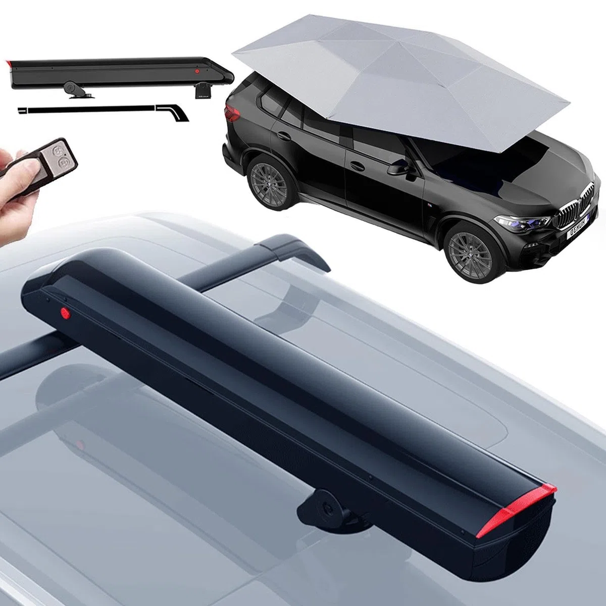 Parapluie De Voiture Automatique – Housse Et Tente De Voiture Entièrement Automatiques, Abri Solaire De 3,8 X 2,8 M avec Télécommande, Barres De Toit Et Batterie Amovible Grey